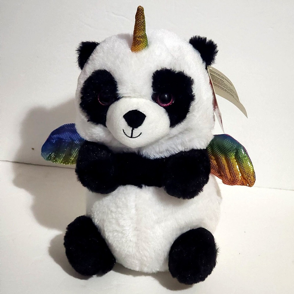 Kellytoy Panda Bear Black & White Pegacorn Unicorn Colorful Wings Plush 11" New
